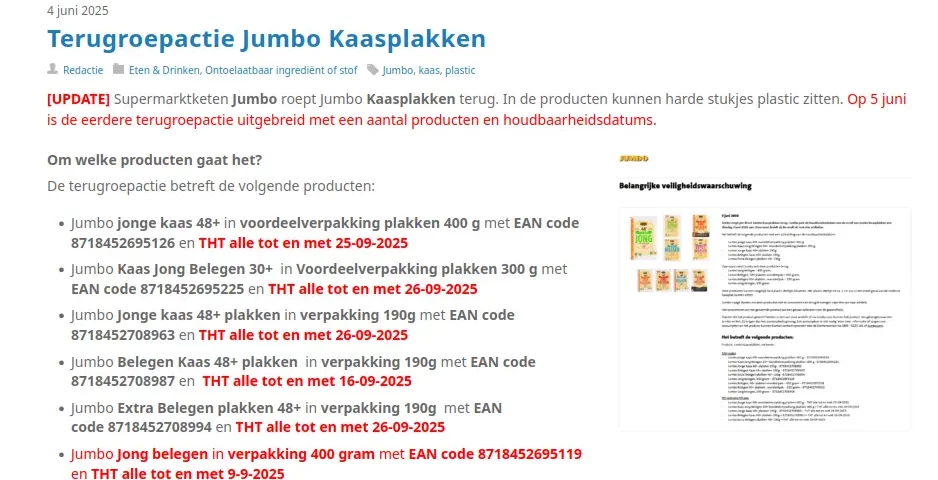 Productwaarschuwing.nl pagina met daarop "terugroepactie Jumbo kaasplakken"